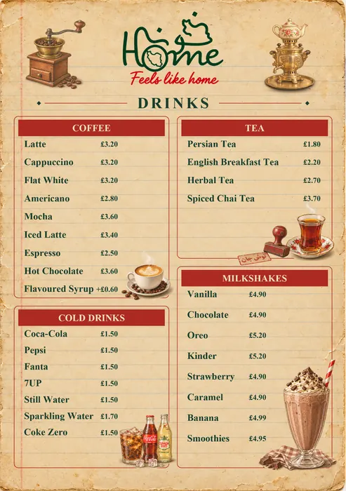 Home drinks menu with coffee, tea, cold drinks and milkshakes