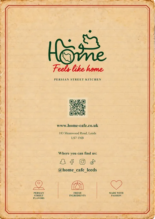 Back of the Home menu with address and social links